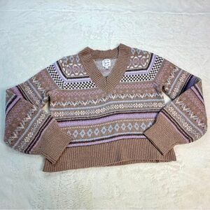 Women's V-Neck Patterned Sweater - Brown and Purple